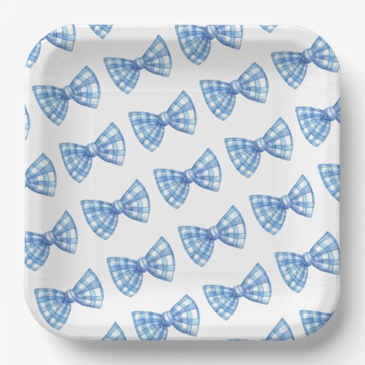 Blue Gingham Bow Stropdas Pattern Baby shower Picn Papieren Bordje (Voorkant)