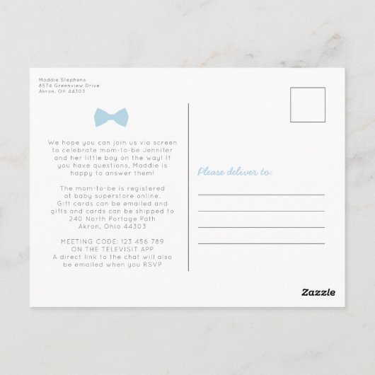 Blue gingham bow stropdas virtueel baby shower briefkaart (Achterkant)