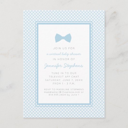 Blue gingham bow stropdas virtueel baby shower briefkaart (Voorkant)