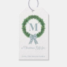 Blue Gingham Bow Wreath Gift Label