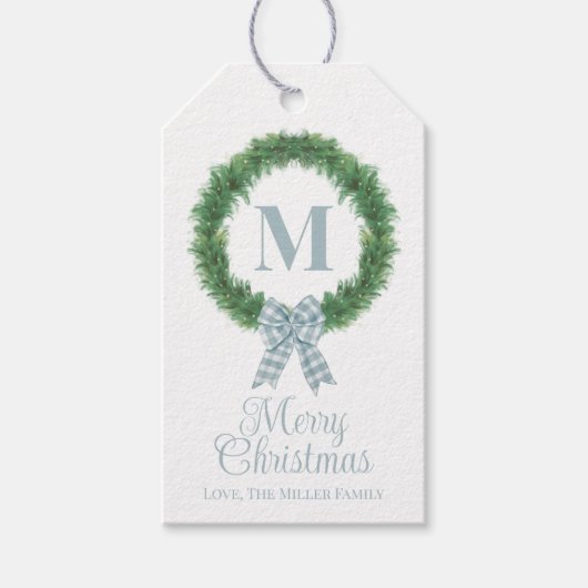 Blue Gingham Bow Wreath Gift Label Cadeaulabel (Voorkant)