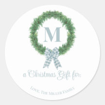 Blue Gingham Bow Wreath Sticker Gift Label