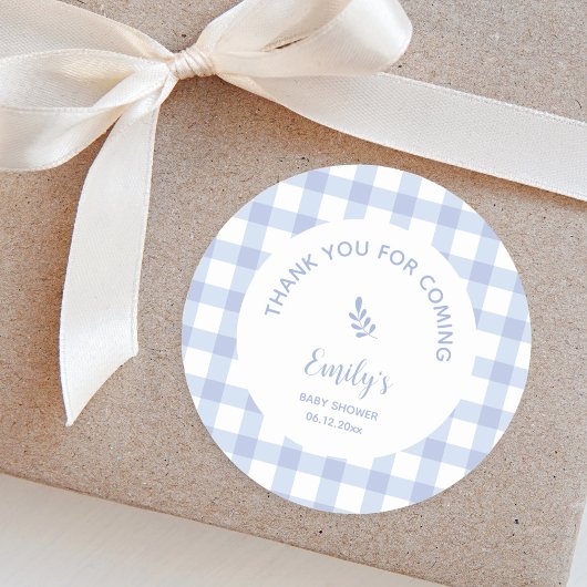 Blue Gingham Boy Baby shower Bedankt voor je komst Ronde Sticker