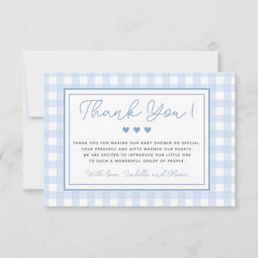 Blue Gingham Boy Baby shower Dank je wel kaart (Voorkant)