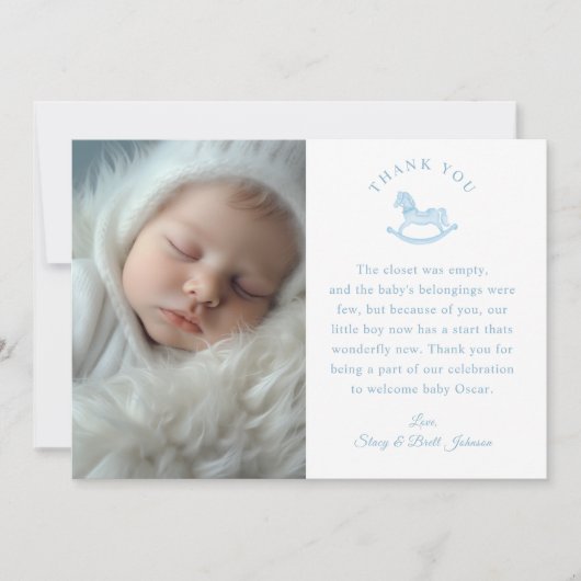 Blue Gingham Boy Baby shower Foto Dank u kaart (Voorkant)