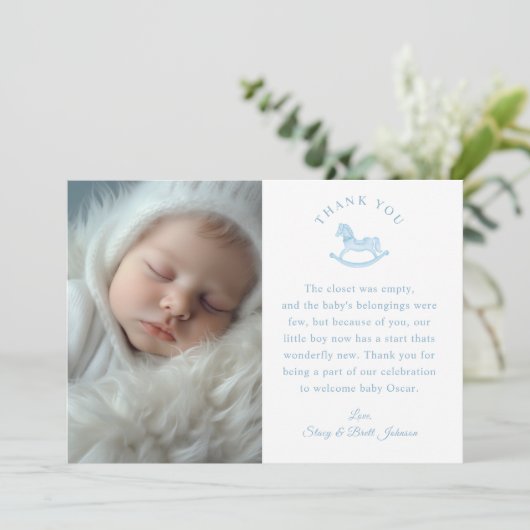 Blue Gingham Boy Baby shower Foto Dank u kaart (Staand voorkant)