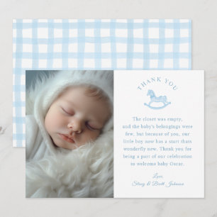 Blue Gingham Boy Baby shower Foto Dank u kaart