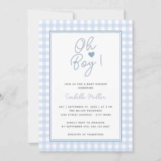 Blue Gingham Boy Baby shower Kaart (Voorkant)