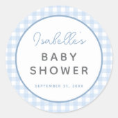 Blue Gingham Boy Baby shower Ronde Sticker (Voorkant)