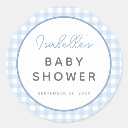 Blue Gingham Boy Baby shower Ronde Sticker (Voorkant)