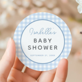 Blue Gingham Boy Baby shower Ronde Sticker