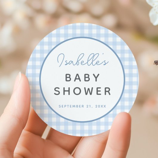 Blue Gingham Boy Baby shower Ronde Sticker
