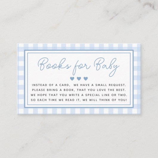 Blue Gingham Boy Boeken voor Baby shower Informatiekaartje (Voorkant)