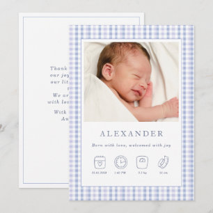 Blue Gingham Boy Geboorteaankondiging Fotokaart Kaart