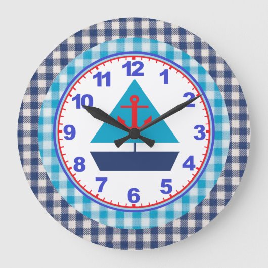 Blue Gingham Boys Sailboat Clock met cijfers Grote Klok (Voorkant)