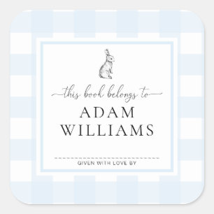 Blue Gingham Bunny Bookplate Sticker
