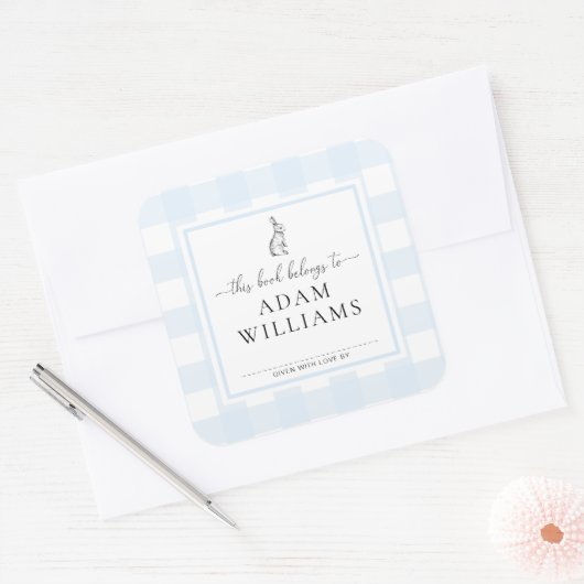 Blue Gingham Bunny Bookplate Sticker (Envelop)