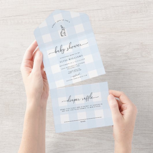Blue Gingham Bunny Rabbit Baby shower All In One Uitnodiging (Afscheurbaar)
