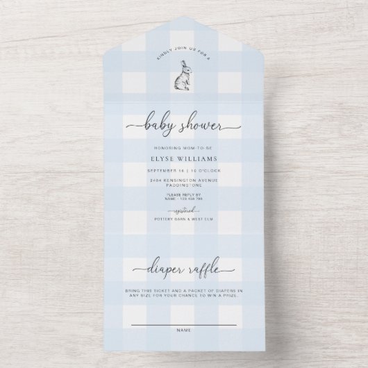 Blue Gingham Bunny Rabbit Baby shower All In One Uitnodiging (Binnen)