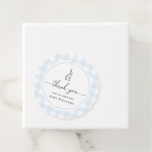 Blue Gingham Bunny Rabbit Baby shower Bedankjes Labels (In situ)