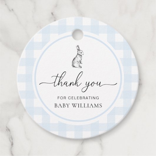 Blue Gingham Bunny Rabbit Baby shower Bedankjes Labels (Voorkant)