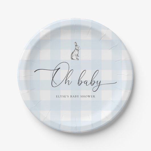 Blue Gingham Bunny Rabbit Baby shower Papieren Bordje (Voorkant)
