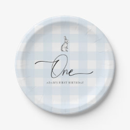 Blue Gingham Bunny Rabbit First Birthday Papieren Bordje