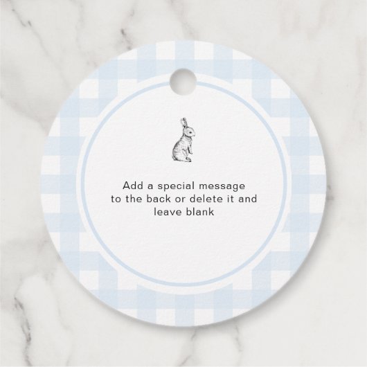 Blue Gingham Bunny Rabbit, geprint met liefde Bedankjes Labels (Achterkant)