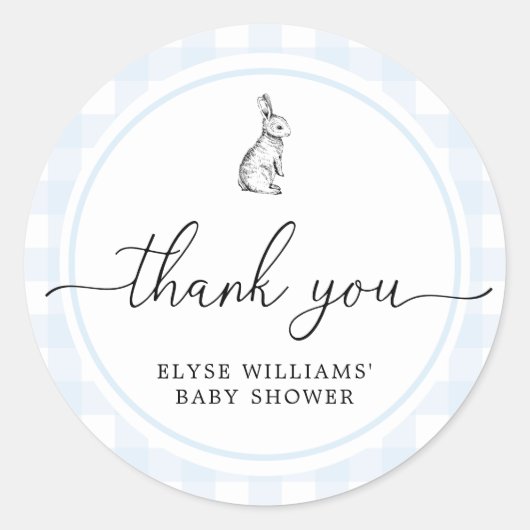 Blue Gingham Bunny Rabbit Shower Favor Sticker (Voorkant)