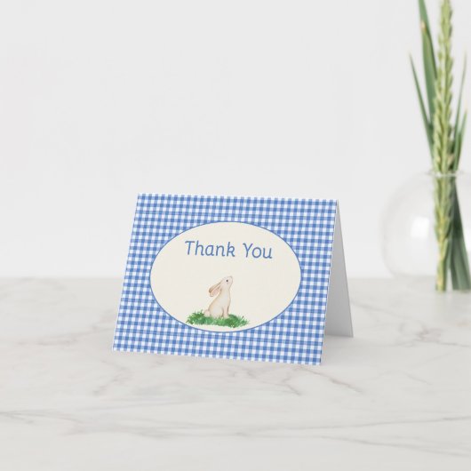 Blue Gingham Bunny Thank you Note Bedankkaart (Voorkant)