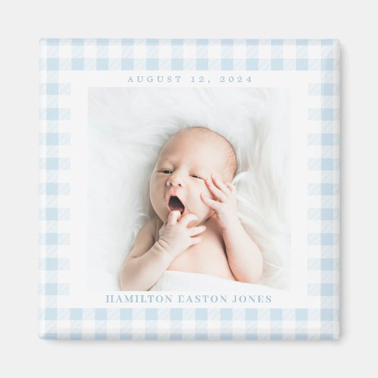 Blue Gingham Check Baby Birthdate Magneet (Voorkant)