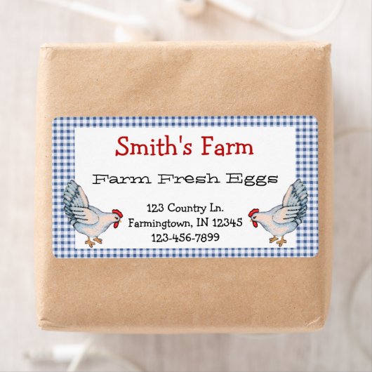 Blue Gingham Check Boerderij Fresh Eggickens Label (Insitu)