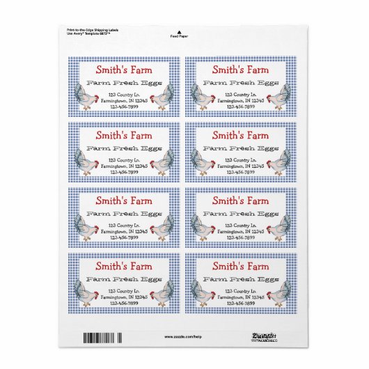 Blue Gingham Check Boerderij Fresh Eggickens Label (Full Sheet)