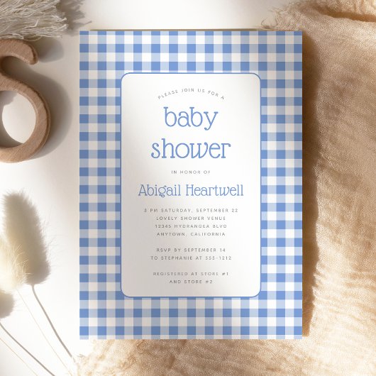 Blue Gingham Check Boy Baby shower Kaart