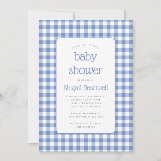 Blue Gingham Check Boy Baby shower Kaart (Voorkant)