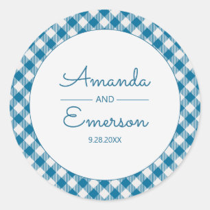 Blue Gingham Check Fun Casual aangepaste bruiloft  Ronde Sticker