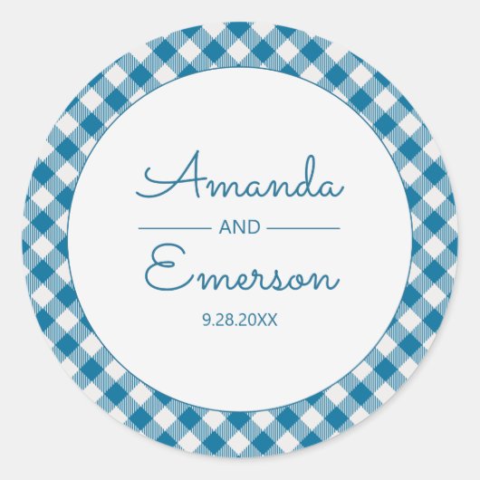 Blue Gingham Check Fun Casual aangepaste bruiloft Ronde Sticker (Voorkant)