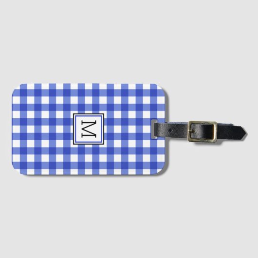 Blue Gingham Check Monogram Bagagelabel (Voorkant (horizontaal))