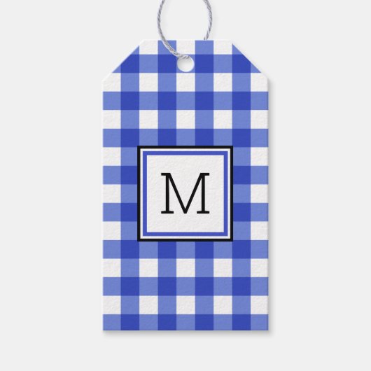 Blue Gingham Check Monogram Cadeaulabel (Voorkant)