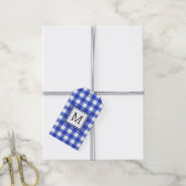 Blue Gingham Check Monogram Cadeaulabel (Met Touw)