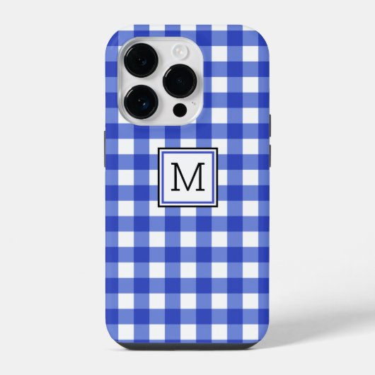 Blue Gingham Check Monogram iPhone Hoesje (Achterkant)