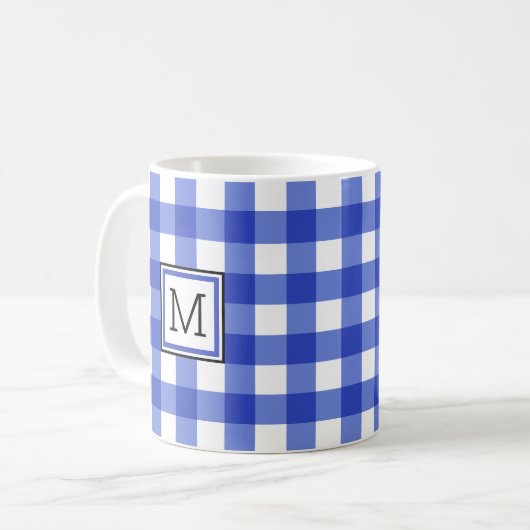 Blue Gingham Check Monogram Koffiemok (Voorkant links)