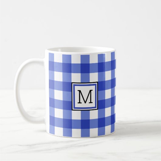 Blue Gingham Check Monogram Koffiemok (Links)