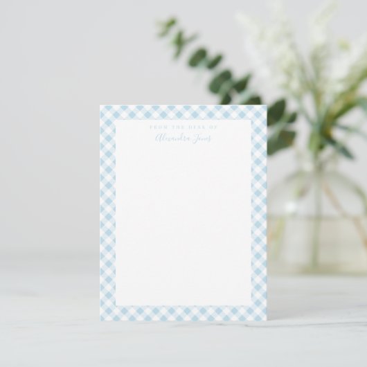 Blue Gingham Check Personal Stationery Note Kaart (Staand voorkant)