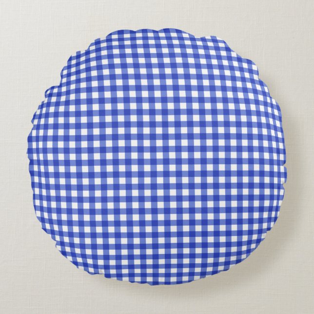 Blue Gingham Check Rond Kussen (Voorkant)