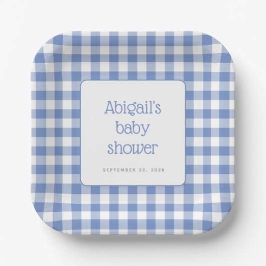 Blue Gingham Check Rustic Boys Baby shower Papieren Bordje (Voorkant)