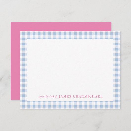 Blue Gingham Check with Pink from the Desk of Bedankkaart (Voorkant / Achterkant)
