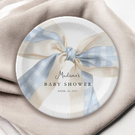 Blue Gingham Checks Bow Baby Shower Papieren Bordje