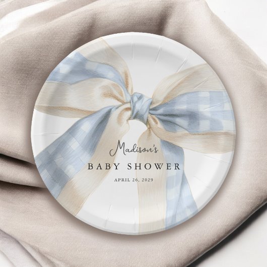 Blue Gingham Checks Bow Baby Shower Papieren Bordje