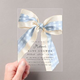 Blue Gingham Checks Bow Cute Baby Shower Acryl Uitnodigingen